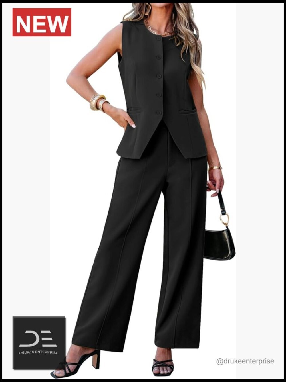 Sleeveless Blazer Wide Leg Pantsuit 2 Piece Set Business Casual Outfit
